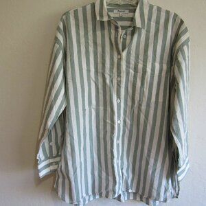 MADEWELL Vertical Stripe Green & White Long Sleeve Relaxed Fit M Button Blouse
